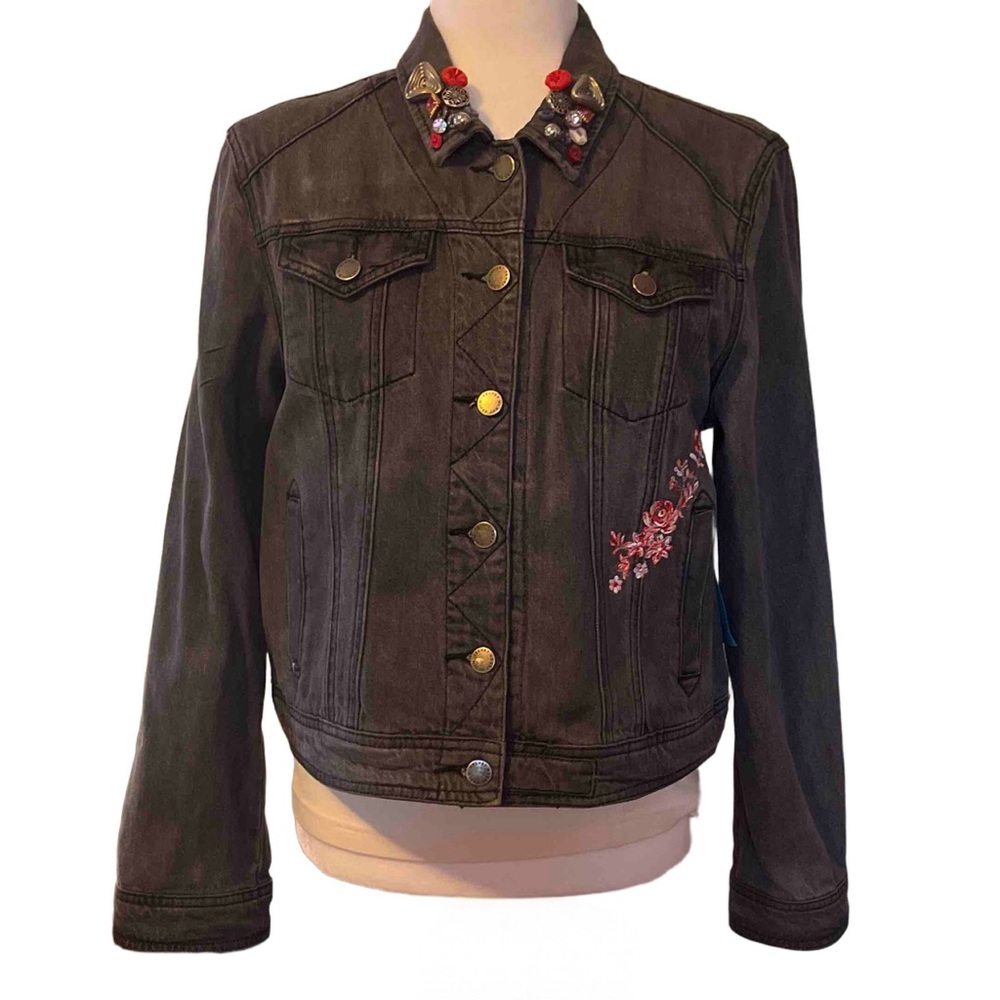 Velvet Heart Black Denim Jacket with Red Floral Detail